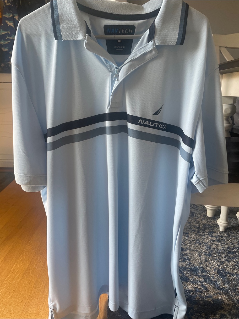 Nautica Light Blue Polo with Navy and Gray Stripes